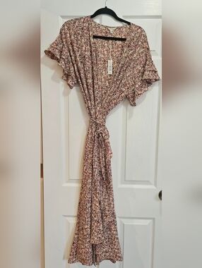 Max Studio Cream and Burgundy Floral Tie-Front Maxi Dress